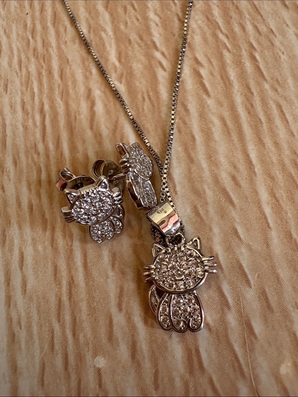 Sterling Silver Crystal Cat Pendant Necklace and Stud Earrings Set